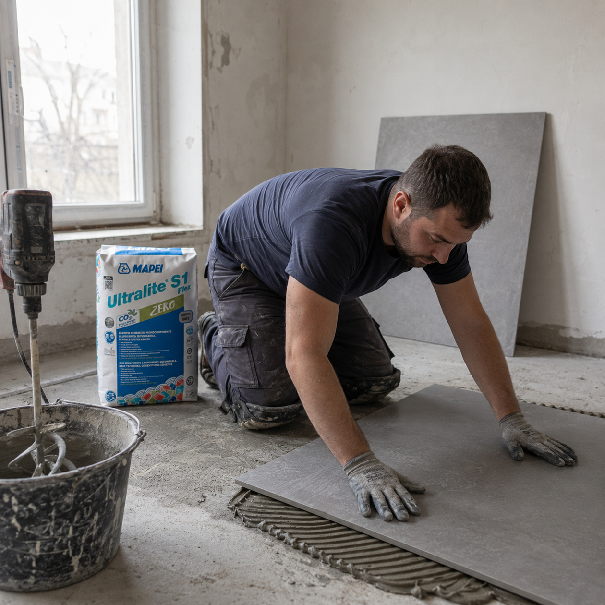 Obkladač lepí velkoformátovou dlažbu lepidlem Mapei